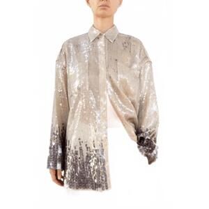 NEW AVIU sequined button-down blouse in silver